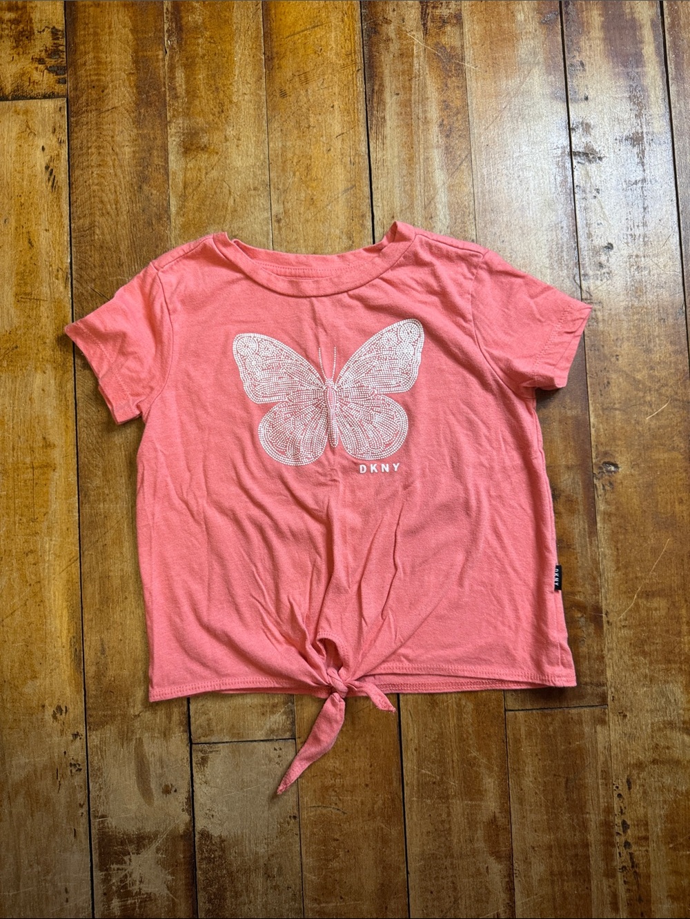 DKNY Coral Pink Butterfly Tie-Front Tee 4T cotton graphic summer